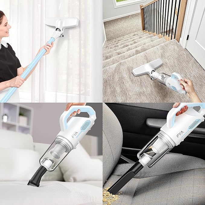 16000Pa Powerful Handheld Vacuum Cleaner with USB wired design for home and car use. Multi-surface handheld vacuum cleaner in use, cleaning car seats and crevices.