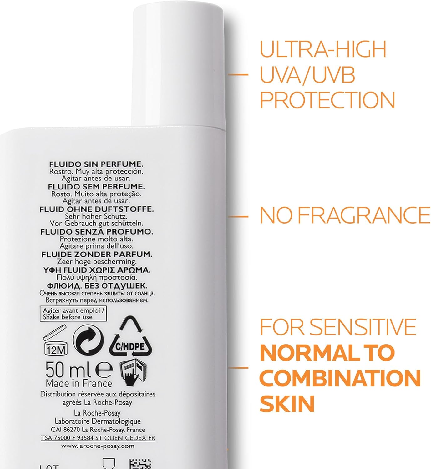 "Invisible Fluid SPF 50 Ultra-Lightweight Sunscreen with Broad-Spectrum Protection, Water-Resistant Formula, Non-Comedogenic, Suitable for All Skin Types."