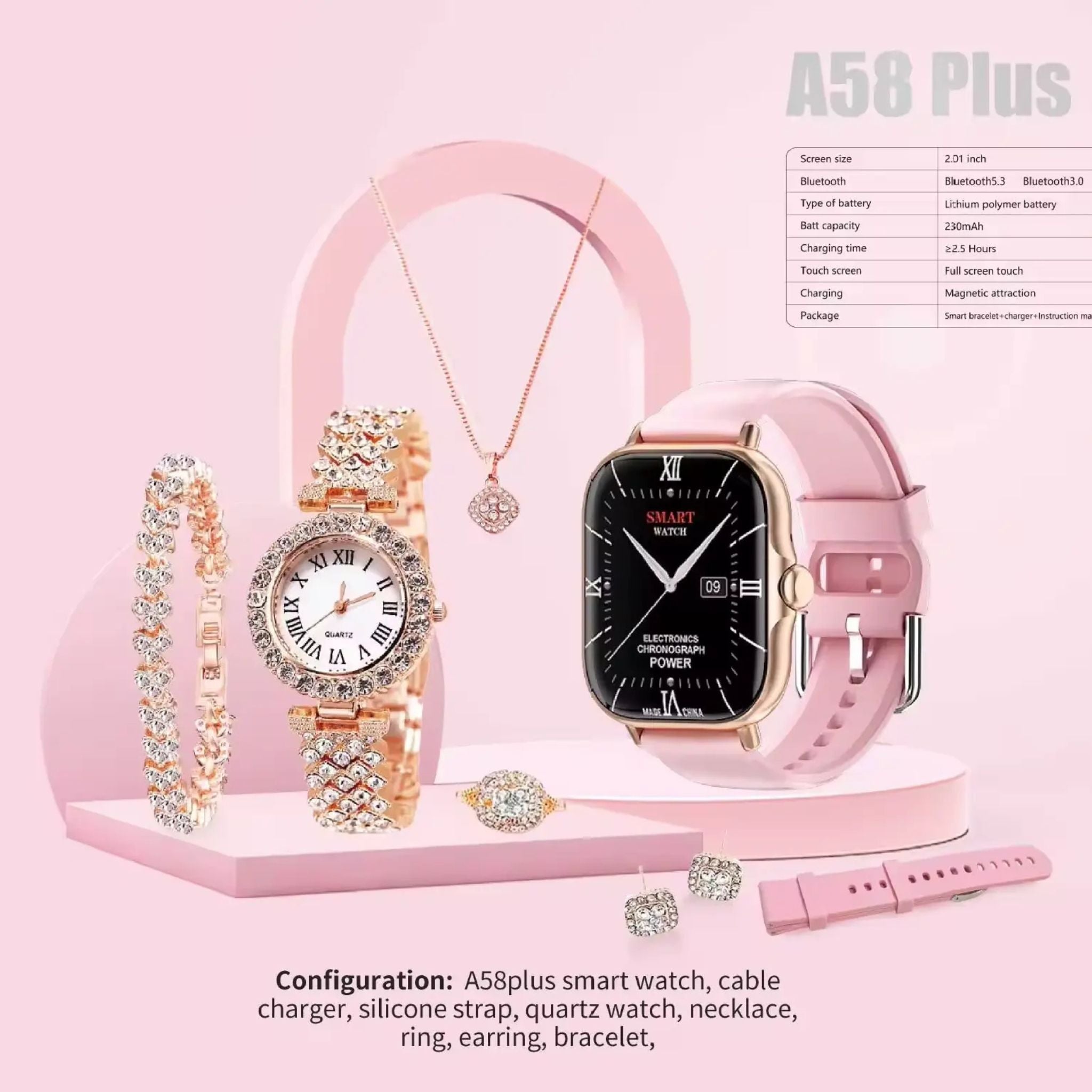 "A58 Smart Watch 5-in-1 for Men & Women, Luxury Quartz Watch with multiple features for health, fitness, and style."