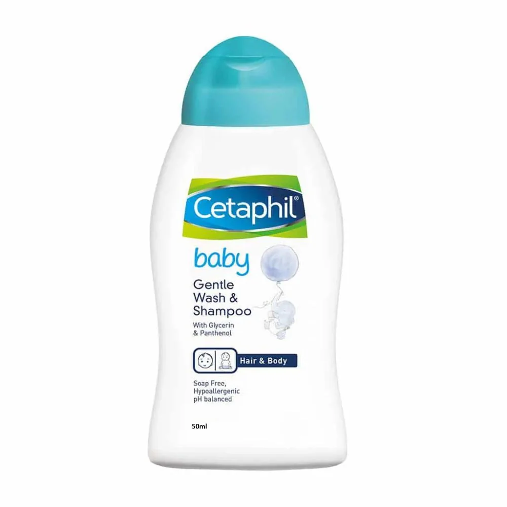 Cetaphil Baby Gentle Wash & Shampoo 50ml – Hypoallergenic 2-in-1 for Sensitive Skin. A 2-in-1 hypoallergenic formula designed for sensitive skin.