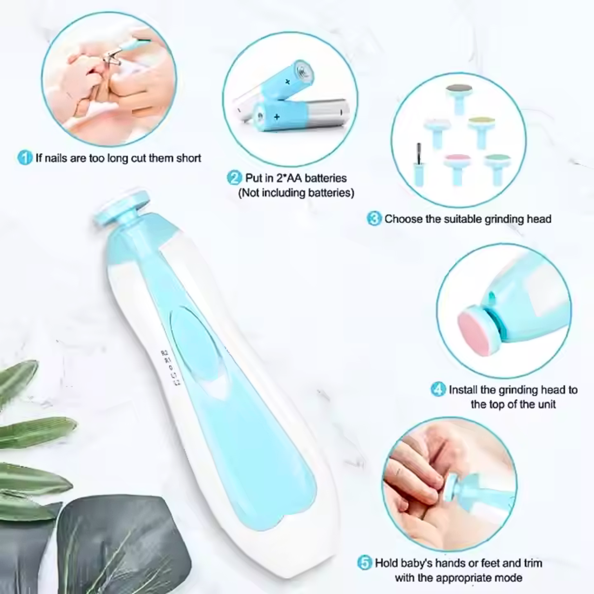 "Baby nail trimmer with soft grinding heads, ergonomic design, and gentle operation, suitable for safely trimming infant and toddler nails."