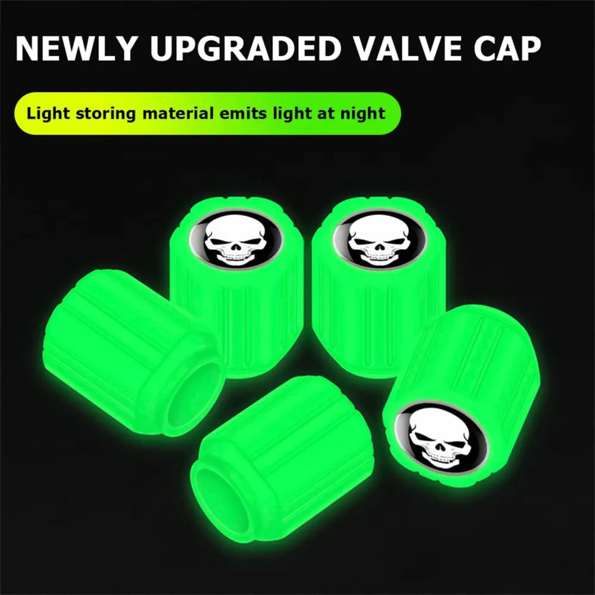 "Car Luminous Tire Valve Cap Set (4 pcs) – Glow-in-the-dark valve caps for enhanced style and visibility at night."