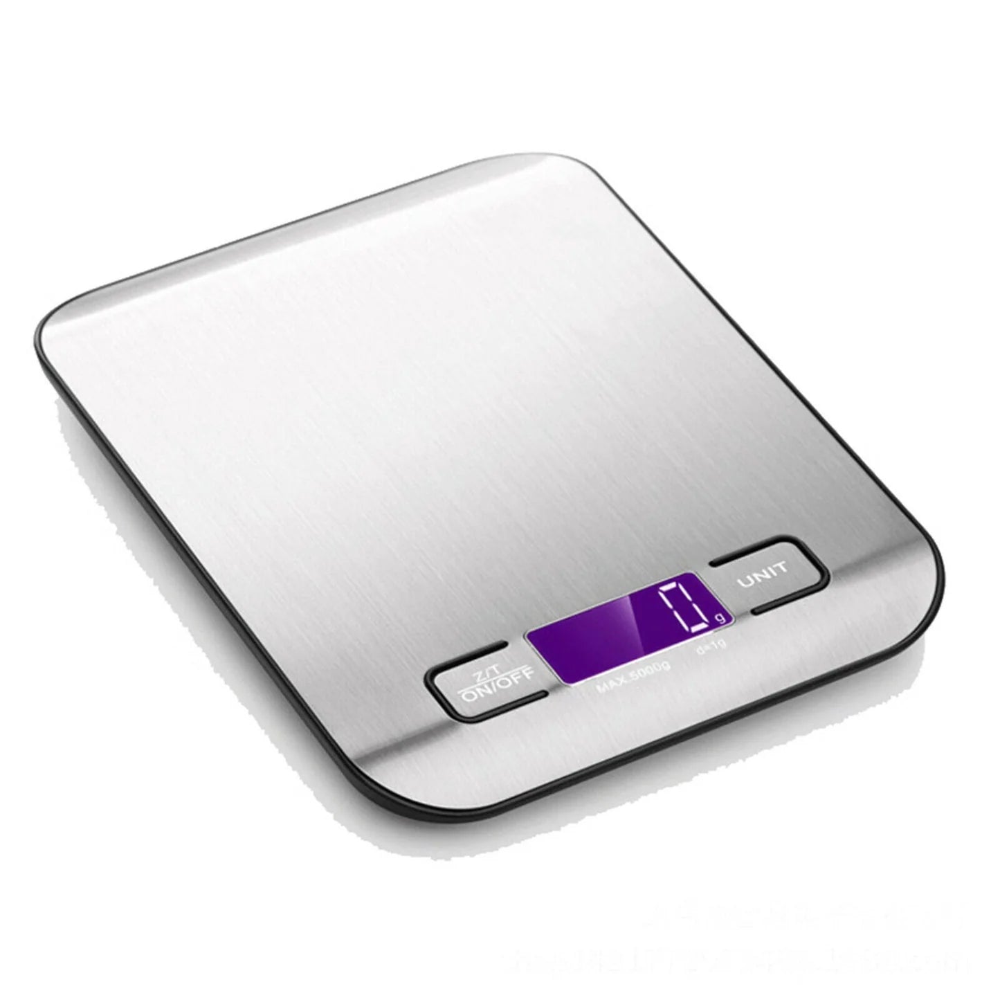 SKY-TOUCH Digital Kitchen Scale with stainless steel surface and LCD display. Digital kitchen scale showing precision weighing up to 5kg/1g. 