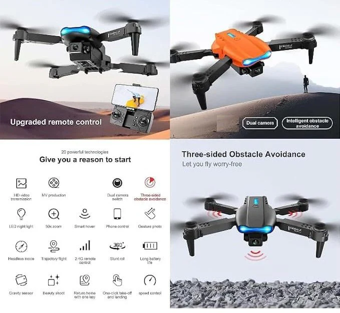 E99 Drone Camera – Foldable 720p WiFi Drone with 360° Flip, Altitude Hold, LED Lights, and Long Flight Time. Ideal for Beginners and Adults, Easy Control and Stable Flight.