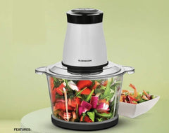 Electric Vegetable Chopper 650W with a 2L transparent bowl and stainless steel blades. Close-up of sharp stainless steel blades in the 2L Electric Vegetable Chopper.