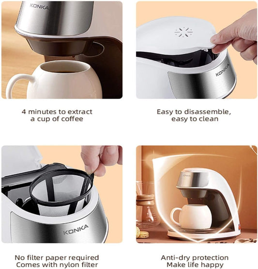 Fully automatic coffee machine, portable mini coffee maker with ceramic cup for home and office use. Mini automatic coffee machine for home and office, portable design with boil-dry protection.