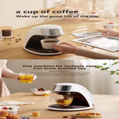 Fully automatic coffee machine, portable mini coffee maker with ceramic cup for home and office use. Mini automatic coffee machine for home and office, portable design with boil-dry protection.