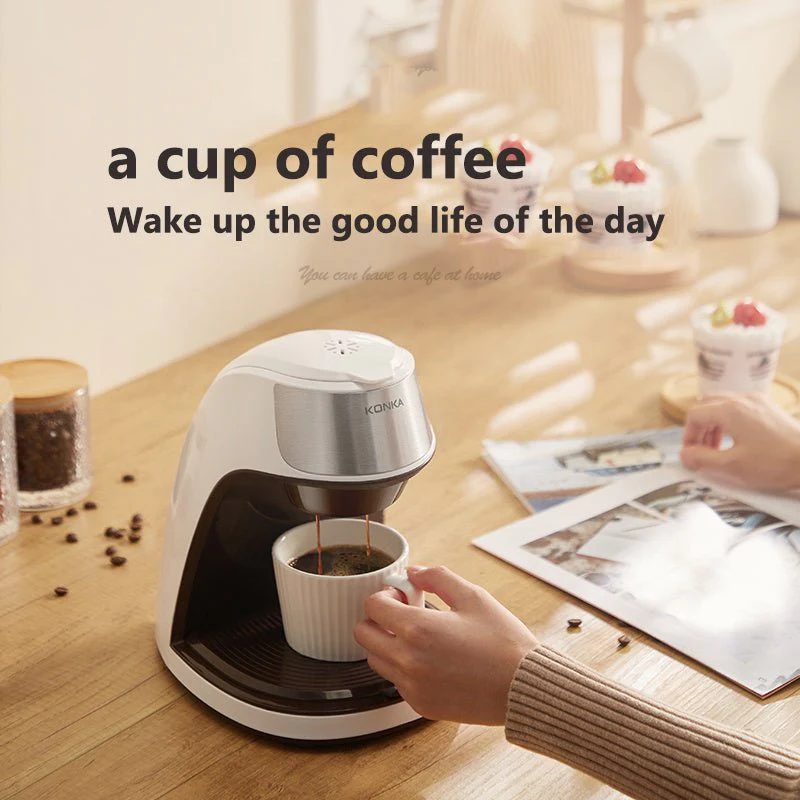 Fully automatic coffee machine, portable mini coffee maker with ceramic cup for home and office use. Mini automatic coffee machine for home and office, portable design with boil-dry protection.