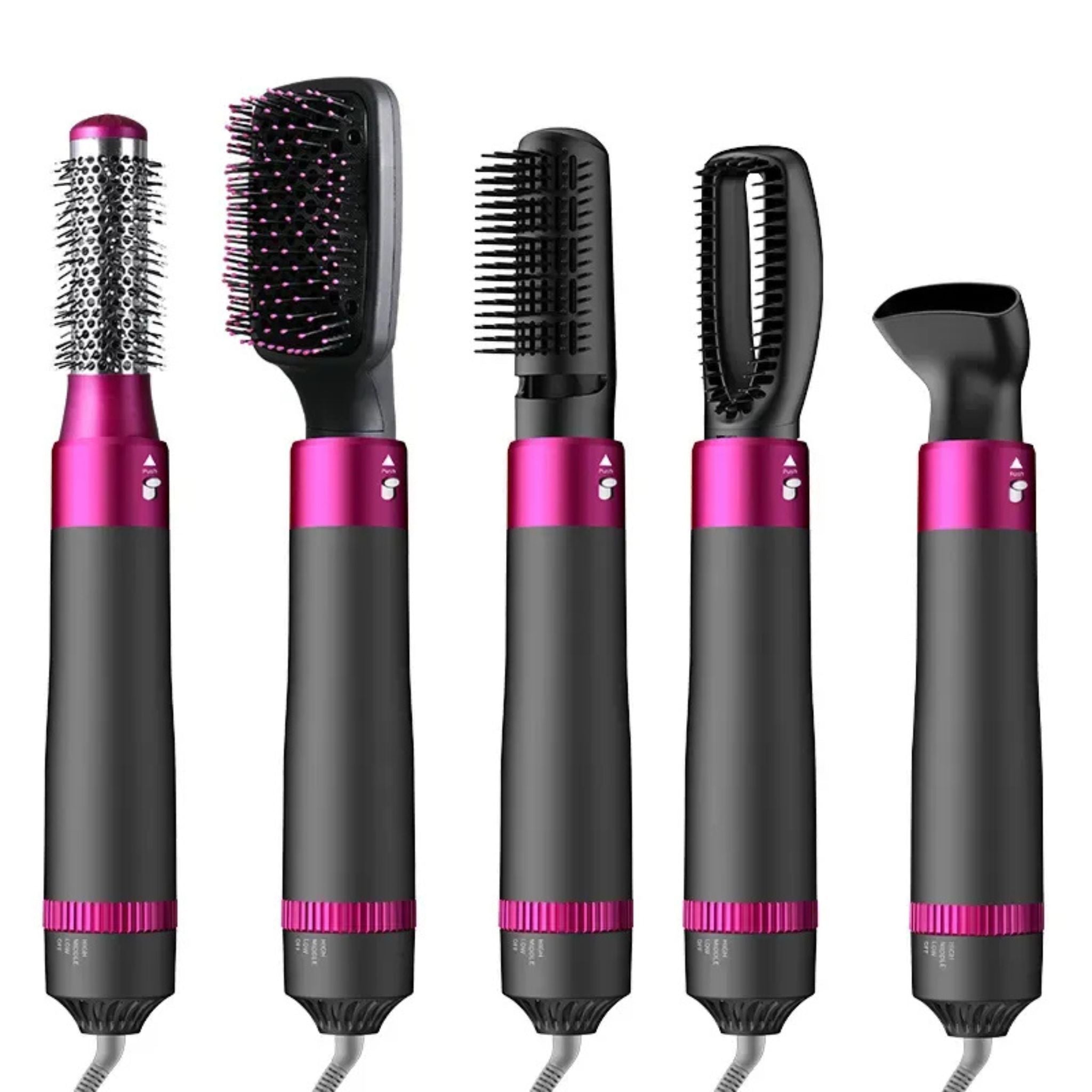 "5-in-1 Hot Air Brush featuring an ionic hair dryer, straightener, and curler, ideal for versatile hairstyling."