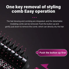 "5-in-1 Hot Air Brush featuring an ionic hair dryer, straightener, and curler, ideal for versatile hairstyling."