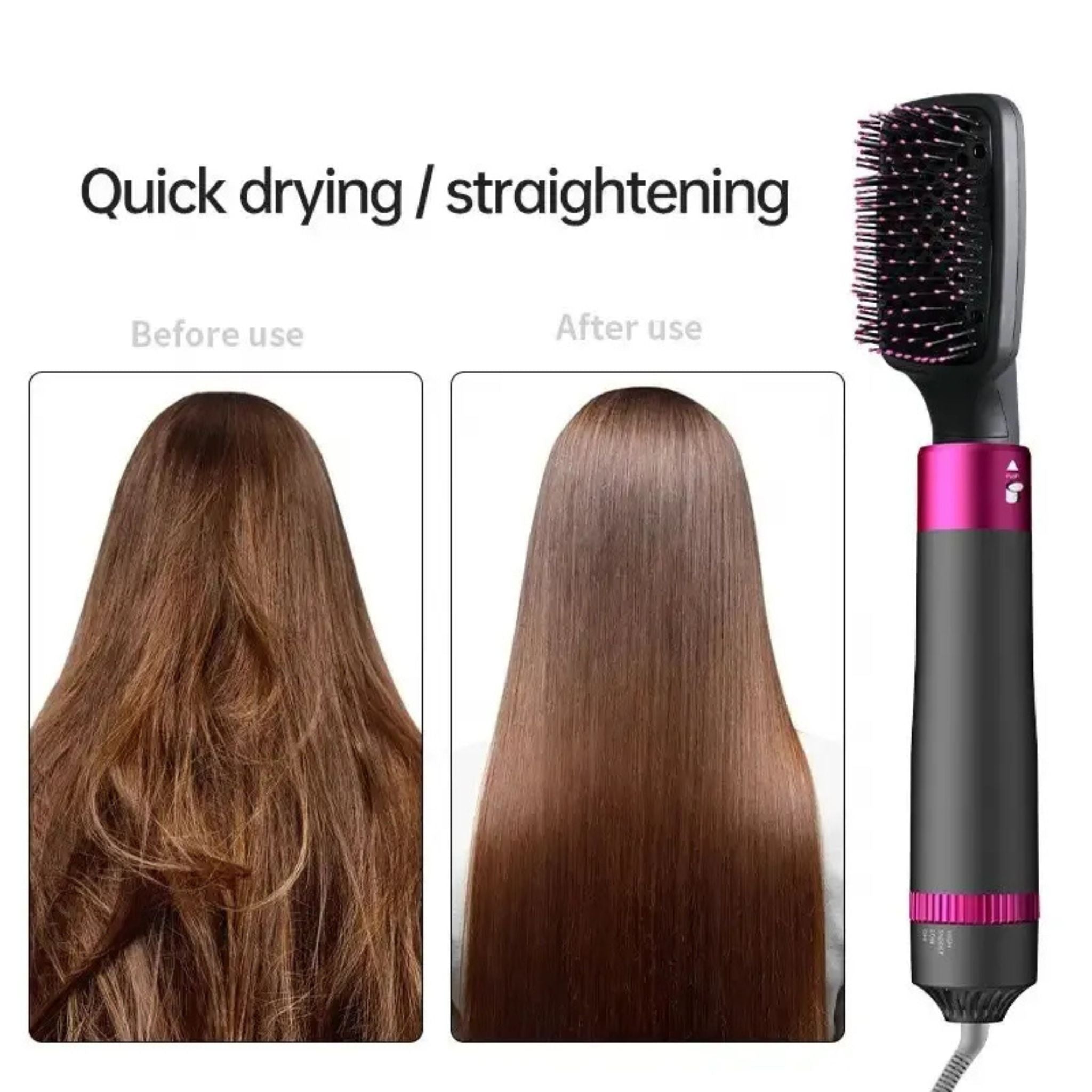 "5-in-1 Hot Air Brush featuring an ionic hair dryer, straightener, and curler, ideal for versatile hairstyling."