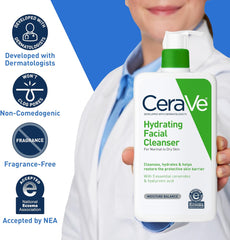 CeraVe Hydrating Facial Cleanser 562ml for dry and sensitive skin care. Non-foaming CeraVe Hydrating Cleanser, perfect for daily use on sensitive skin. Gentle and moisturizing CeraVe cleanser for dry skin, fragrance-free formula.