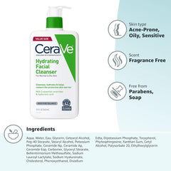 CeraVe Hydrating Facial Cleanser 562ml for dry and sensitive skin care. Non-foaming CeraVe Hydrating Cleanser, perfect for daily use on sensitive skin. Gentle and moisturizing CeraVe cleanser for dry skin, fragrance-free formula.