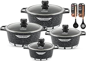 "LIFE SMILE 6-Piece Cookware Set featuring granite non-stick coating, PFOA-free, and die-cast aluminum for easy cooking."