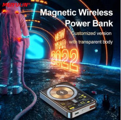 20,000mAh Magnetic Power Bank with 15W fast wireless charging on a sleek surface. Compact Magnetic Power Bank charging a smartphone wirelessly with 15W speed.