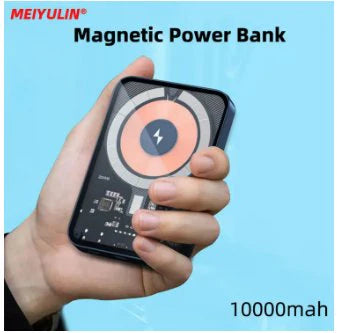 20,000mAh Magnetic Power Bank with 15W fast wireless charging on a sleek surface. Compact Magnetic Power Bank charging a smartphone wirelessly with 15W speed.