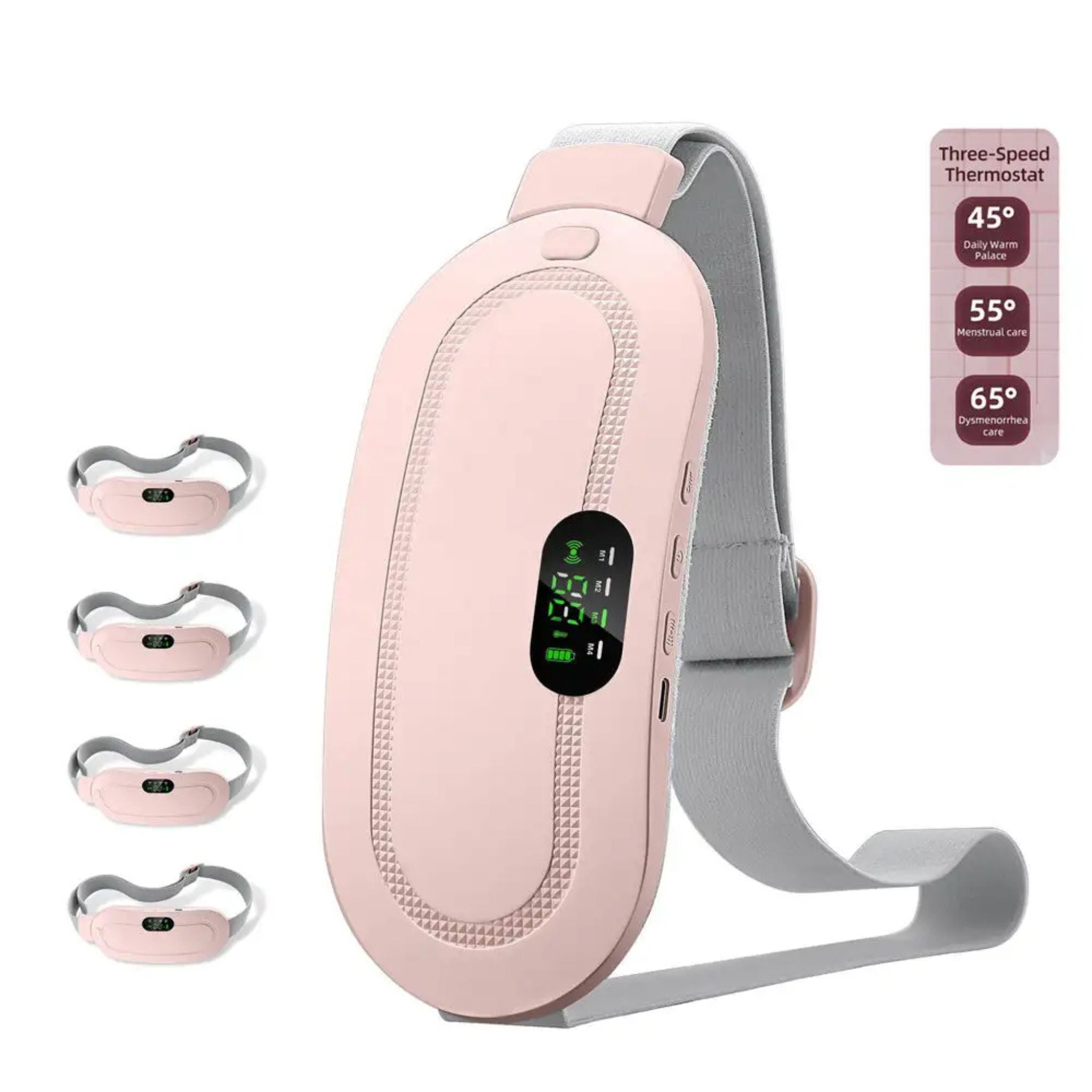 "Portable Period Heating Massage Belt – Rechargeable and adjustable belt for soothing menstrual cramps with heat and gentle vibration massage."