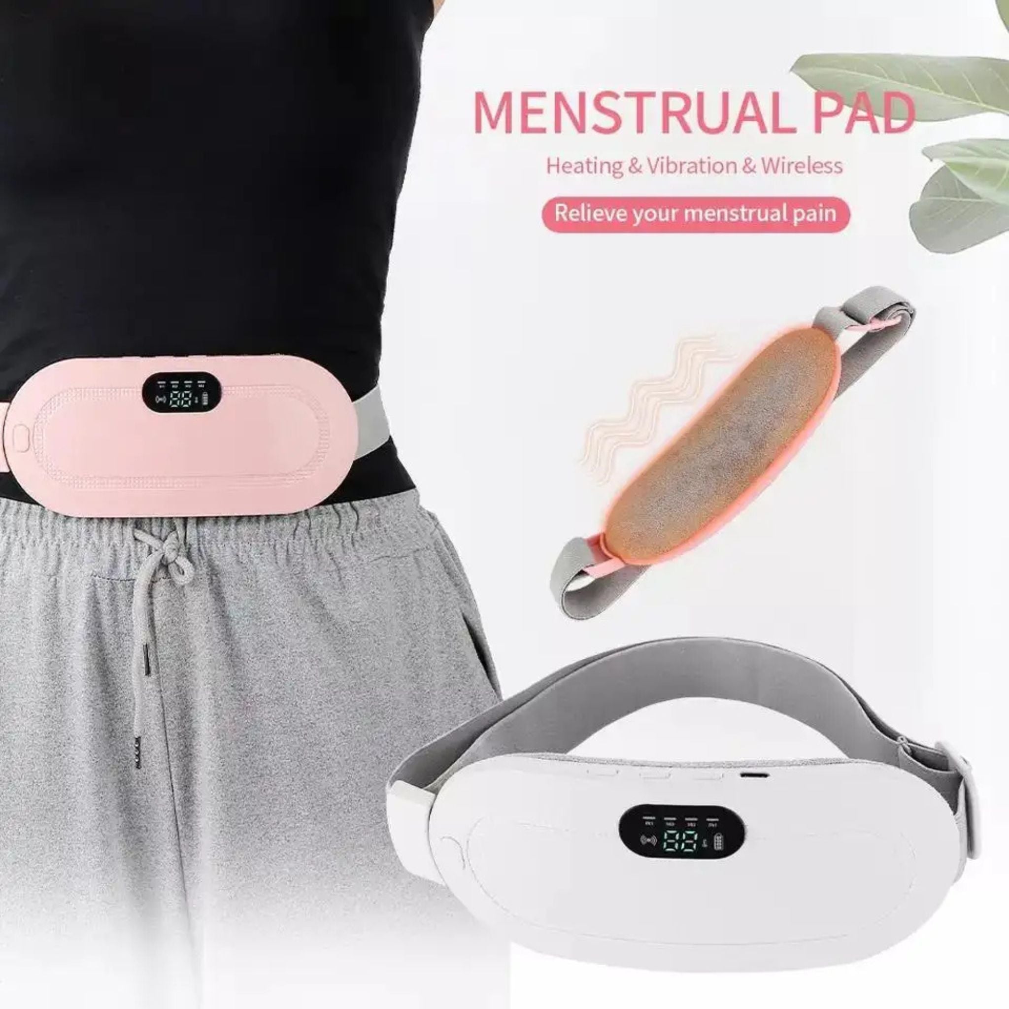 "Portable Period Heating Massage Belt – Rechargeable and adjustable belt for soothing menstrual cramps with heat and gentle vibration massage."