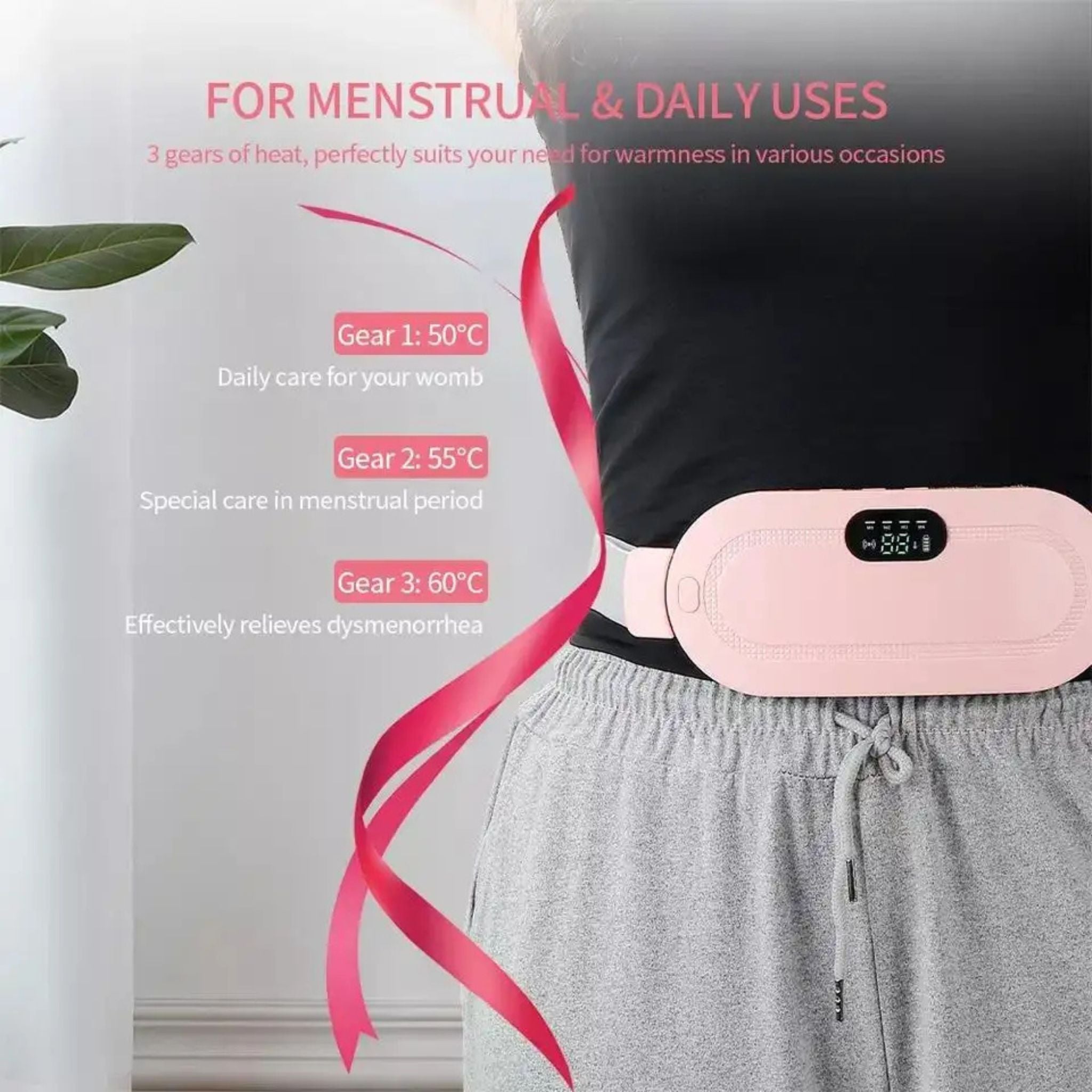 "Portable Period Heating Massage Belt – Rechargeable and adjustable belt for soothing menstrual cramps with heat and gentle vibration massage."