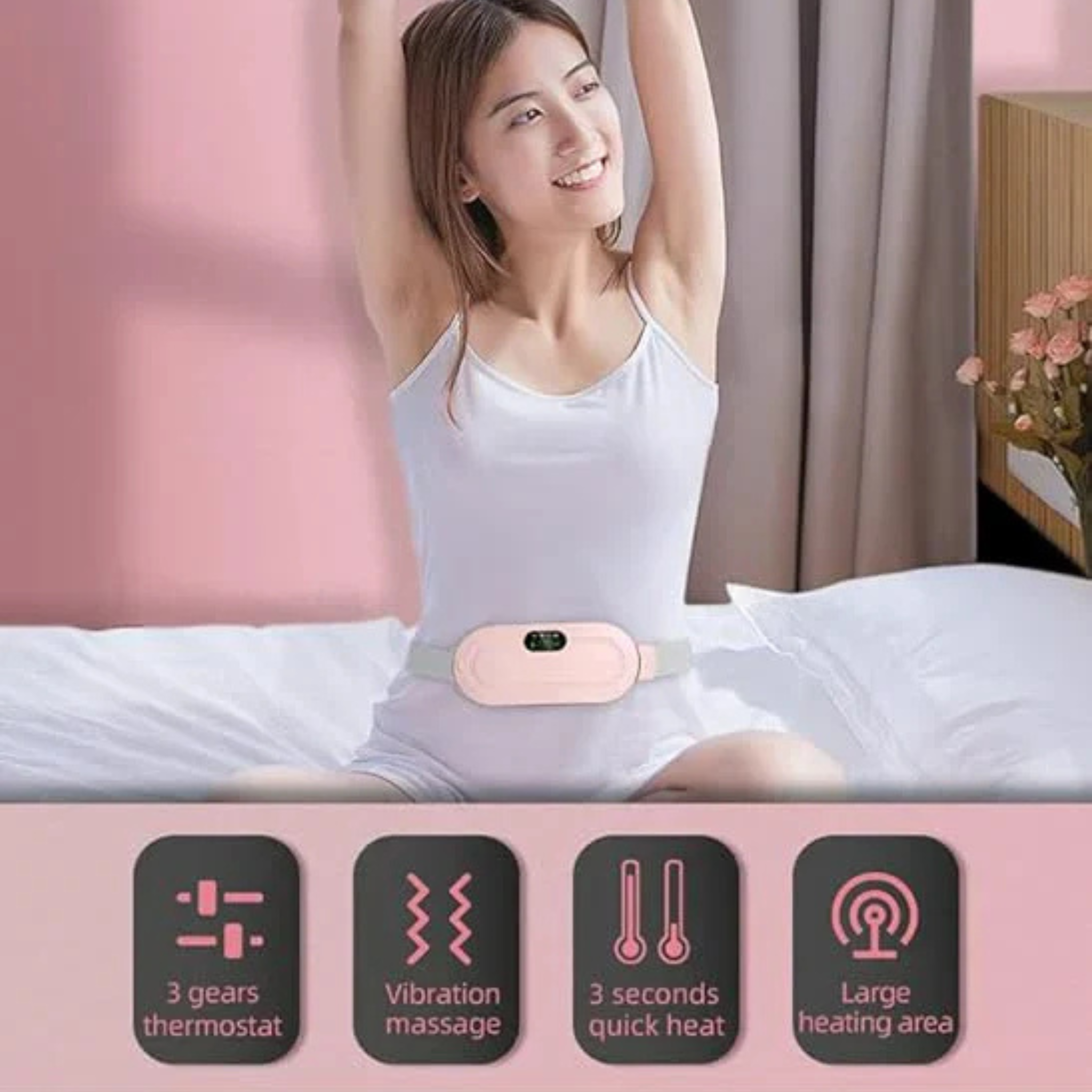 "Portable Period Heating Massage Belt – Rechargeable and adjustable belt for soothing menstrual cramps with heat and gentle vibration massage."