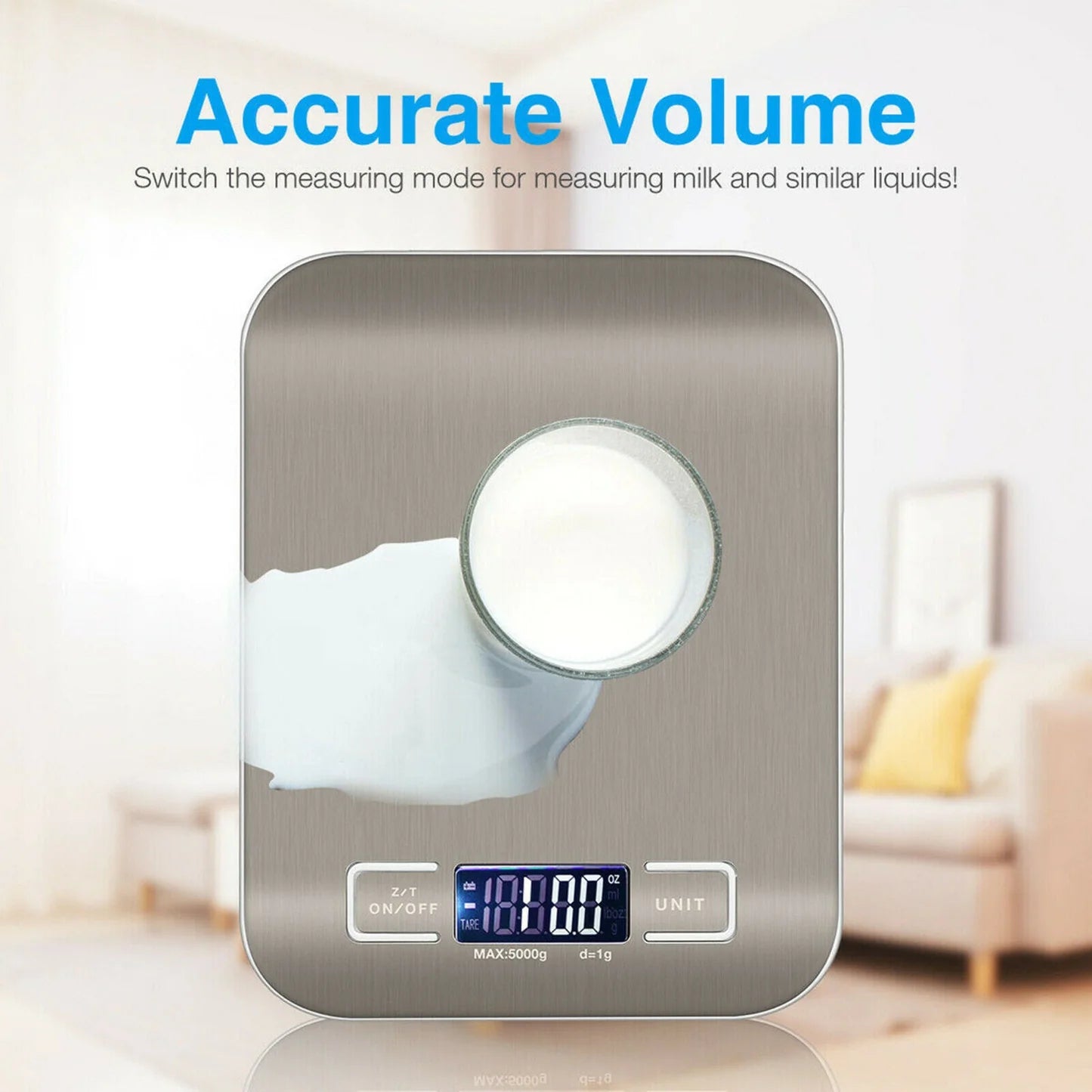 SKY-TOUCH Digital Kitchen Scale with stainless steel surface and LCD display. Digital kitchen scale showing precision weighing up to 5kg/1g. 