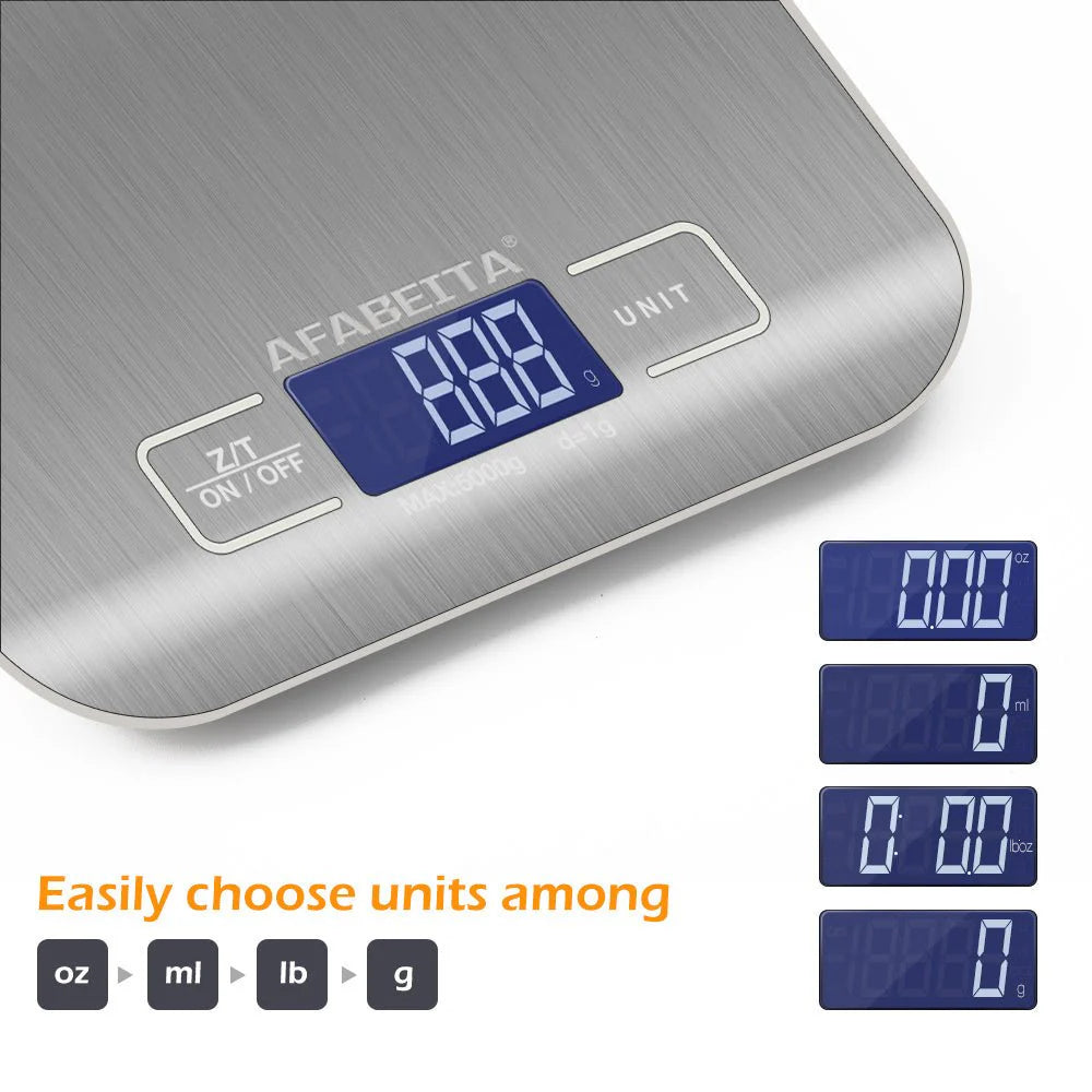 SKY-TOUCH Digital Kitchen Scale with stainless steel surface and LCD display. Digital kitchen scale showing precision weighing up to 5kg/1g. 