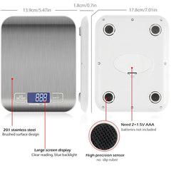 SKY-TOUCH Digital Kitchen Scale with stainless steel surface and LCD display. Digital kitchen scale showing precision weighing up to 5kg/1g. 