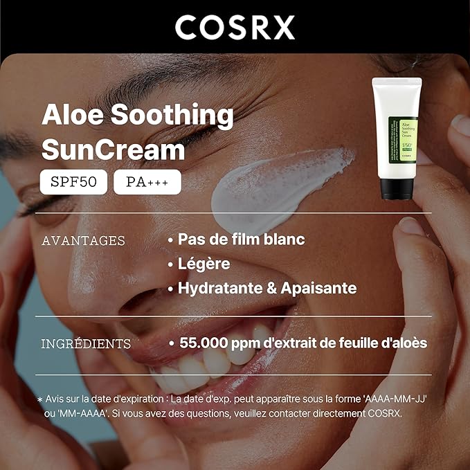 COSRX Aloe Soothing Sun Cream 50ml – SPF50+ PA+++ Sunscreen with Aloe for Hydration and UV Protection.