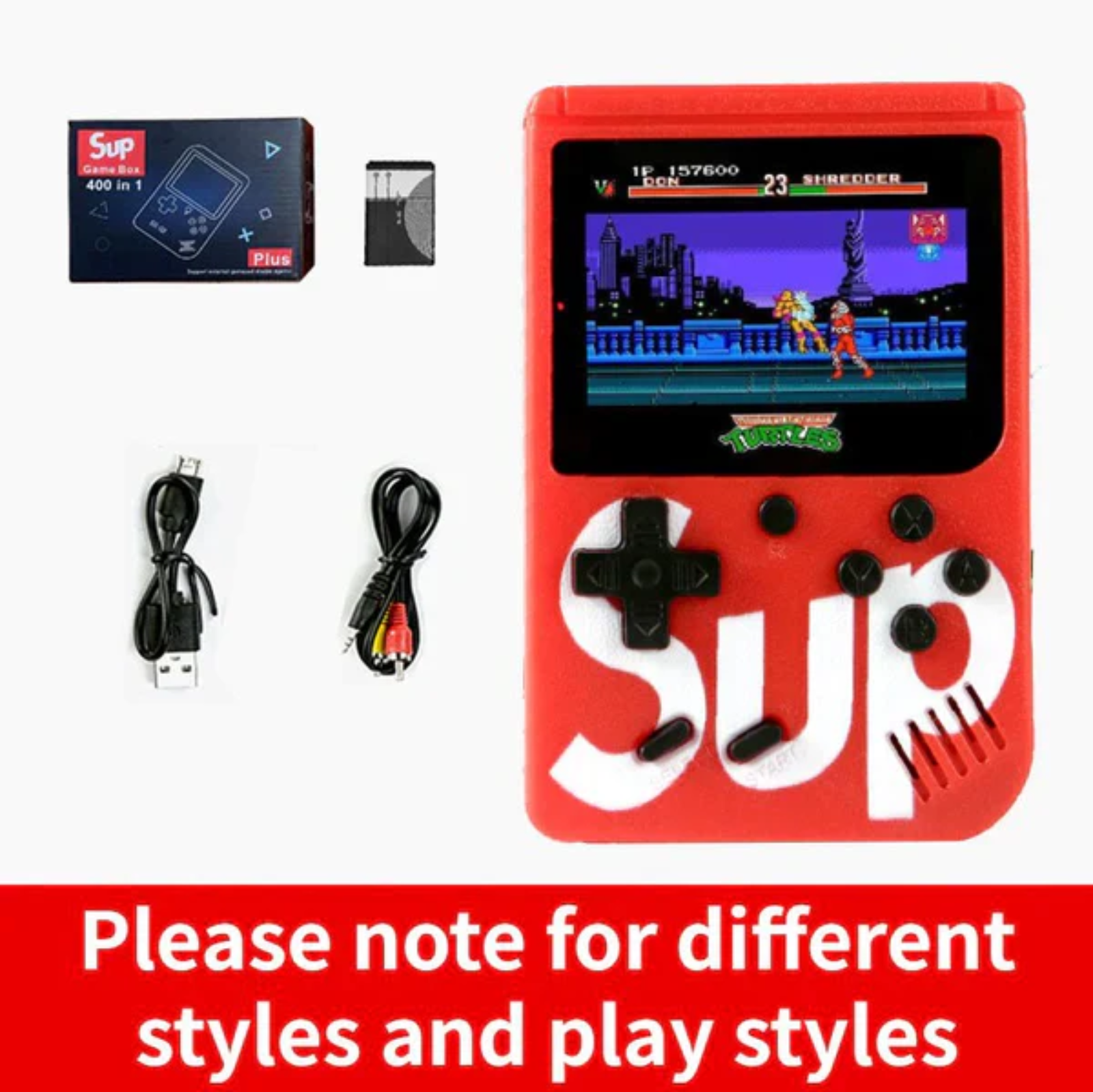 "Sup Game Box Plus 400 – Portable retro gaming console with 400 built-in classic games, compact design, and rechargeable battery."