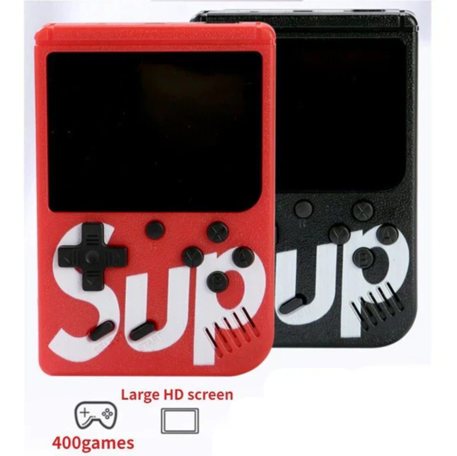 "Sup Game Box Plus 400 – Portable retro gaming console with 400 built-in classic games, compact design, and rechargeable battery."