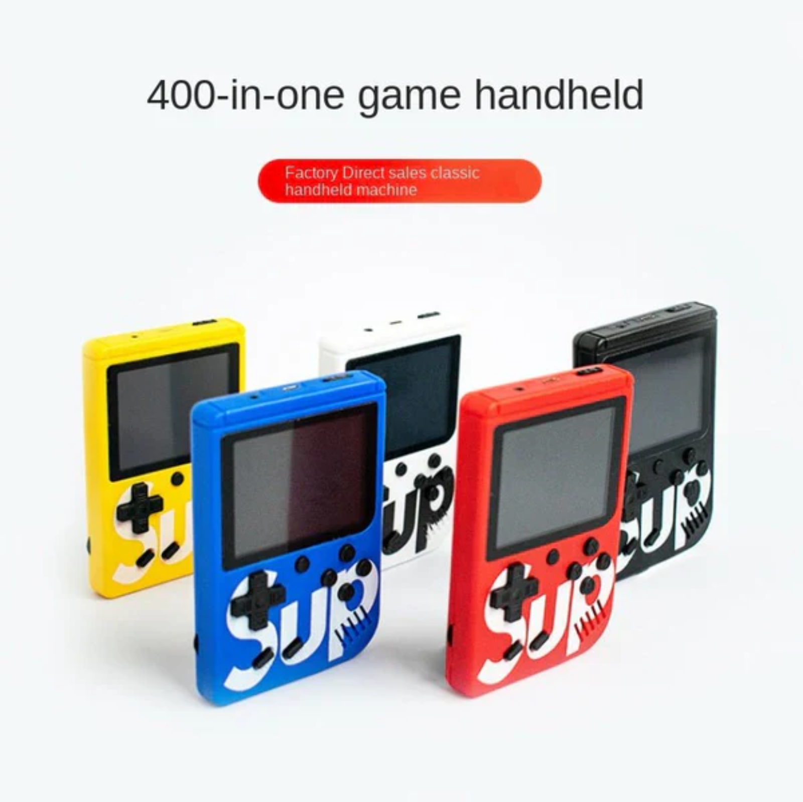 "Sup Game Box Plus 400 – Portable retro gaming console with 400 built-in classic games, compact design, and rechargeable battery."