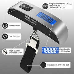 T-shaped Electronic Luggage Scale displaying weight on the digital screen. Compact and lightweight T-shaped Luggage Scale, perfect for travel.