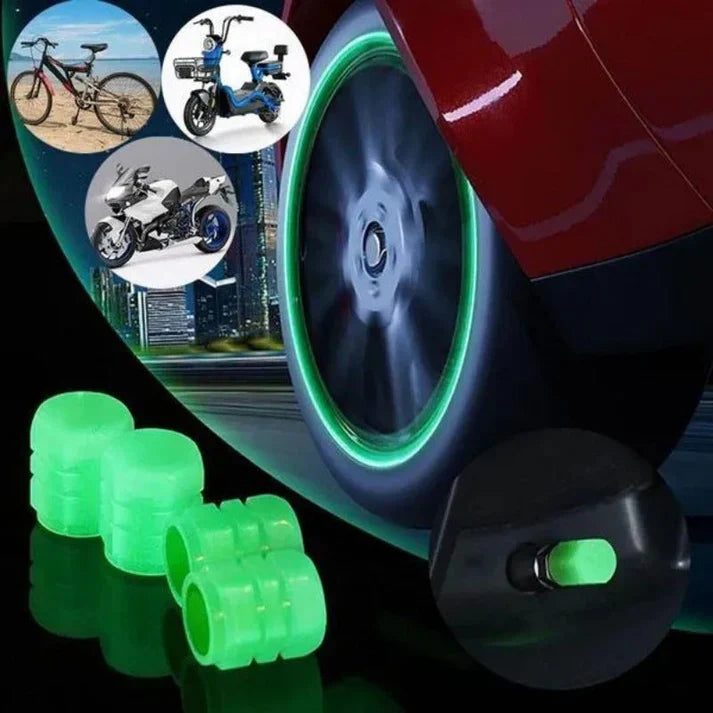 "Car Luminous Tire Valve Cap Set (4 pcs) – Glow-in-the-dark valve caps for enhanced style and visibility at night."